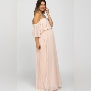 Peach Chiffon Pleated Off Shoulder Maternity Maxi Dress